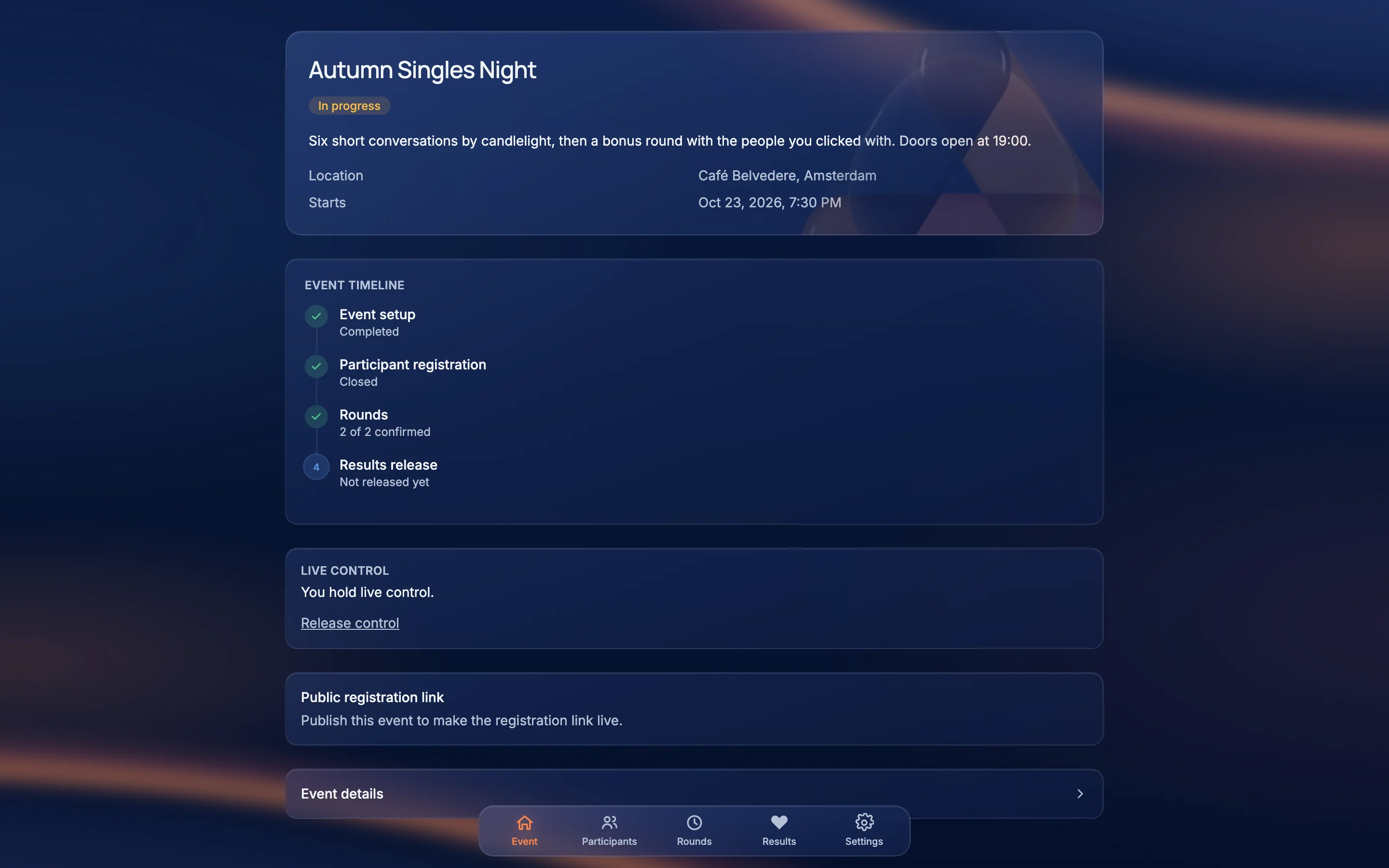 The event overview with the live control card.